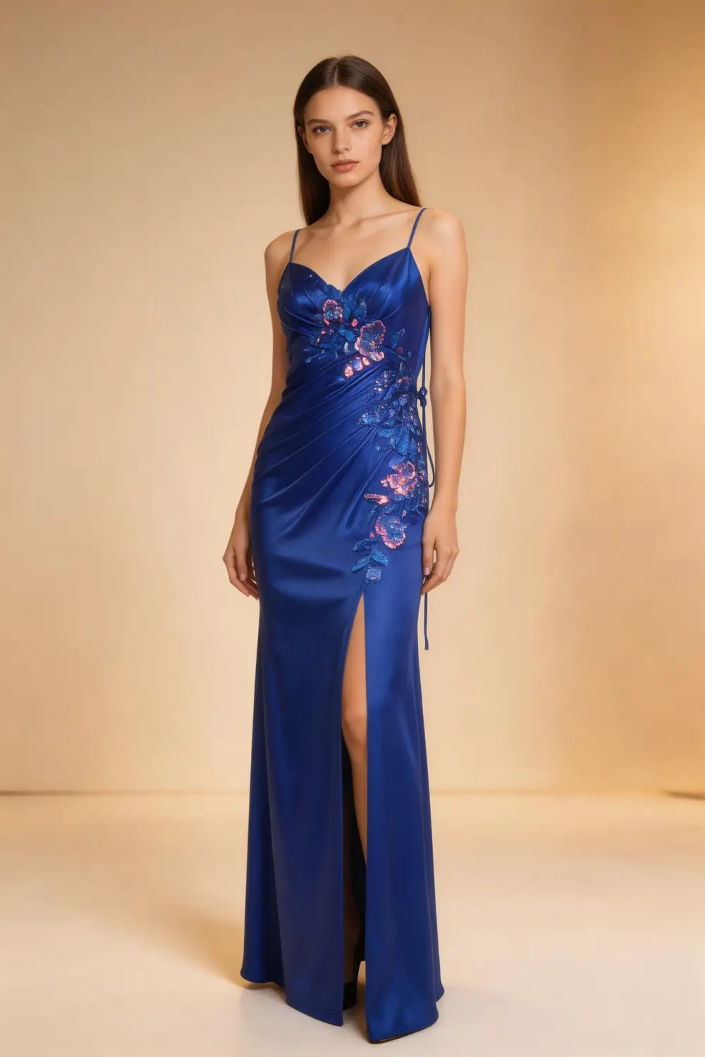 Royal Blue Satin Mermaid Prom Dress With Sequin Floral Embroidery by tangjianjun