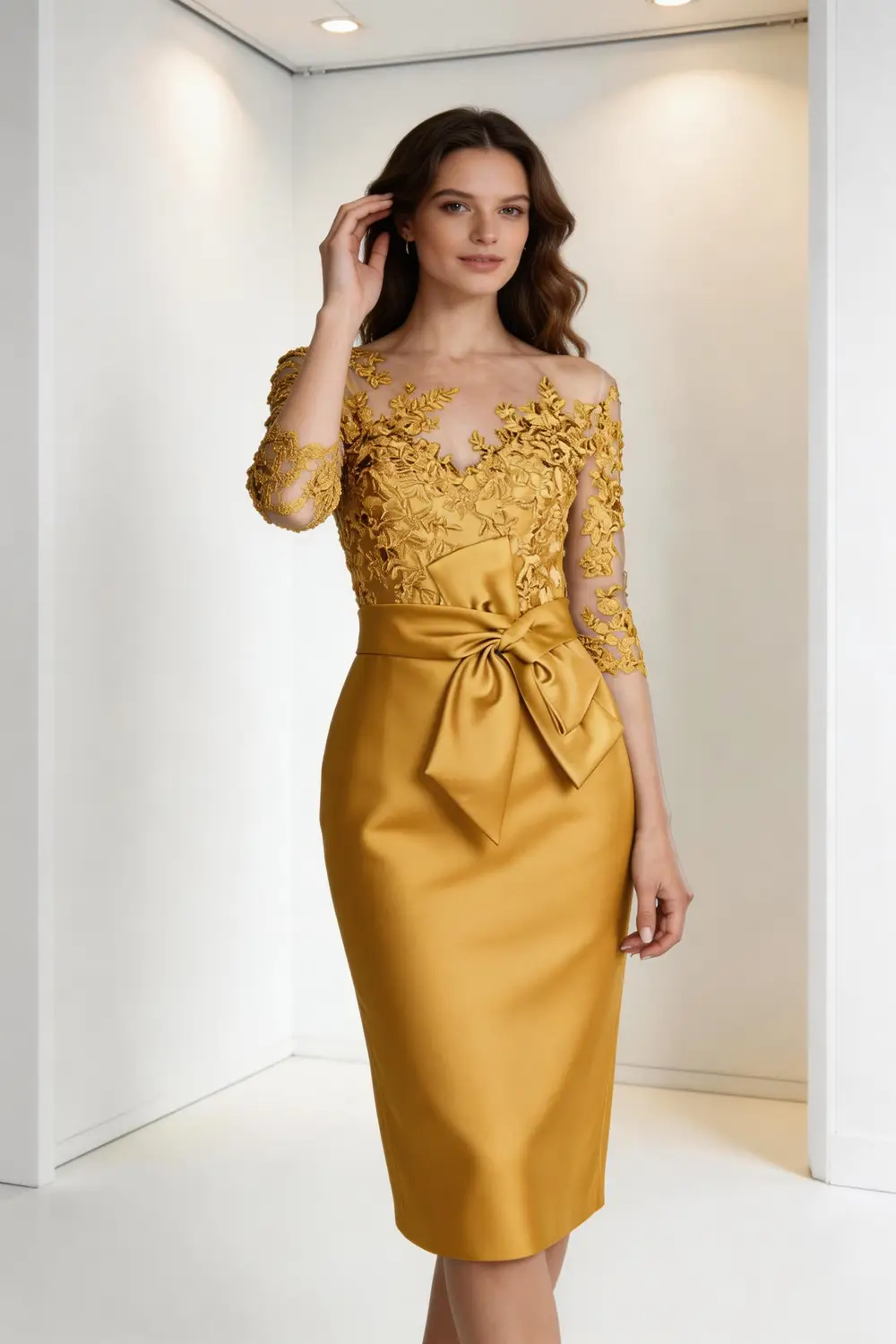 Gold Lace Illusion Neck Satin Sheath Dress With Bow Waist (ZD17151) - VelvetHem