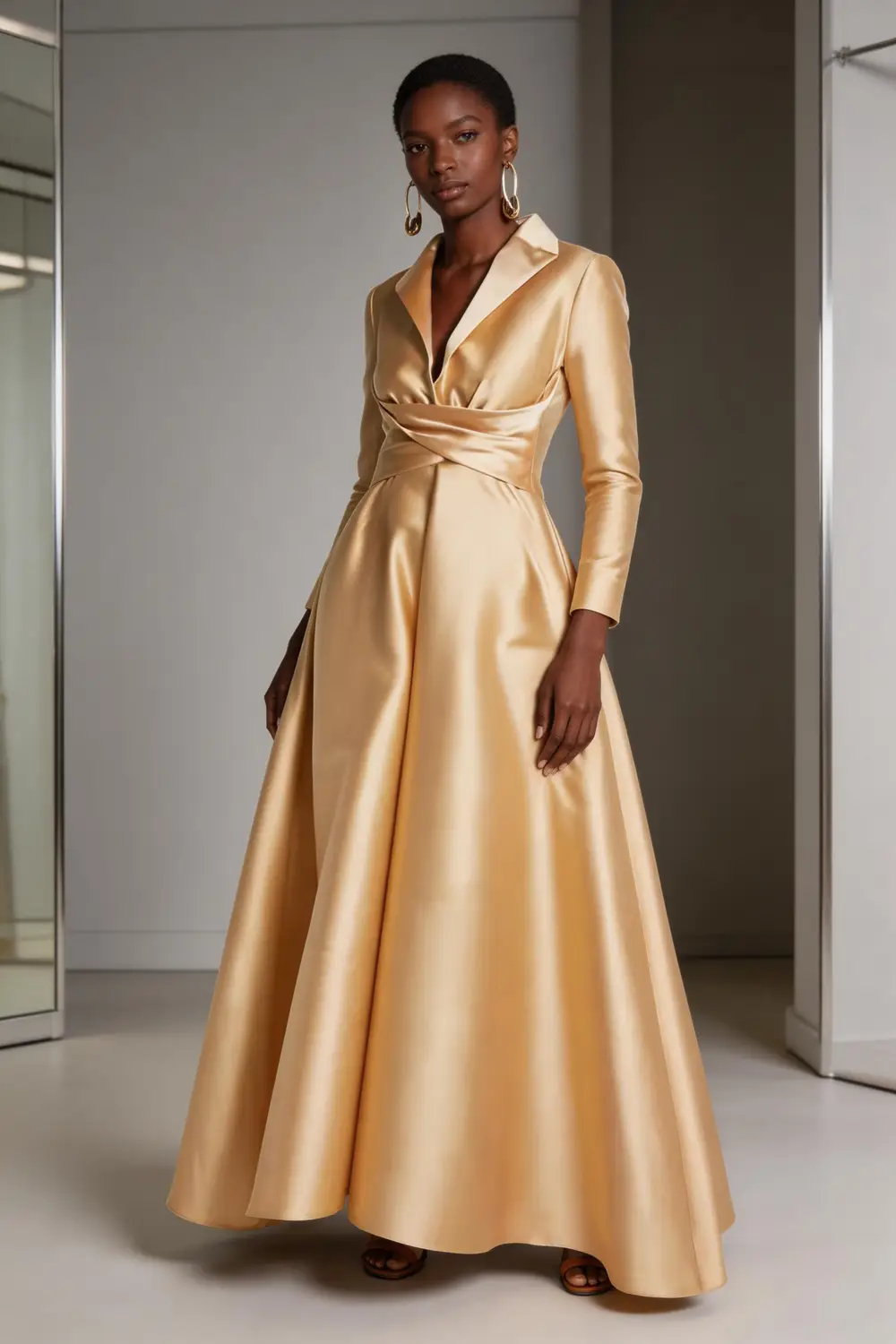 Champagne Satin Lapel Neck Wrap Waist A-Line Maxi Formal Evening Gown by tangjianjun