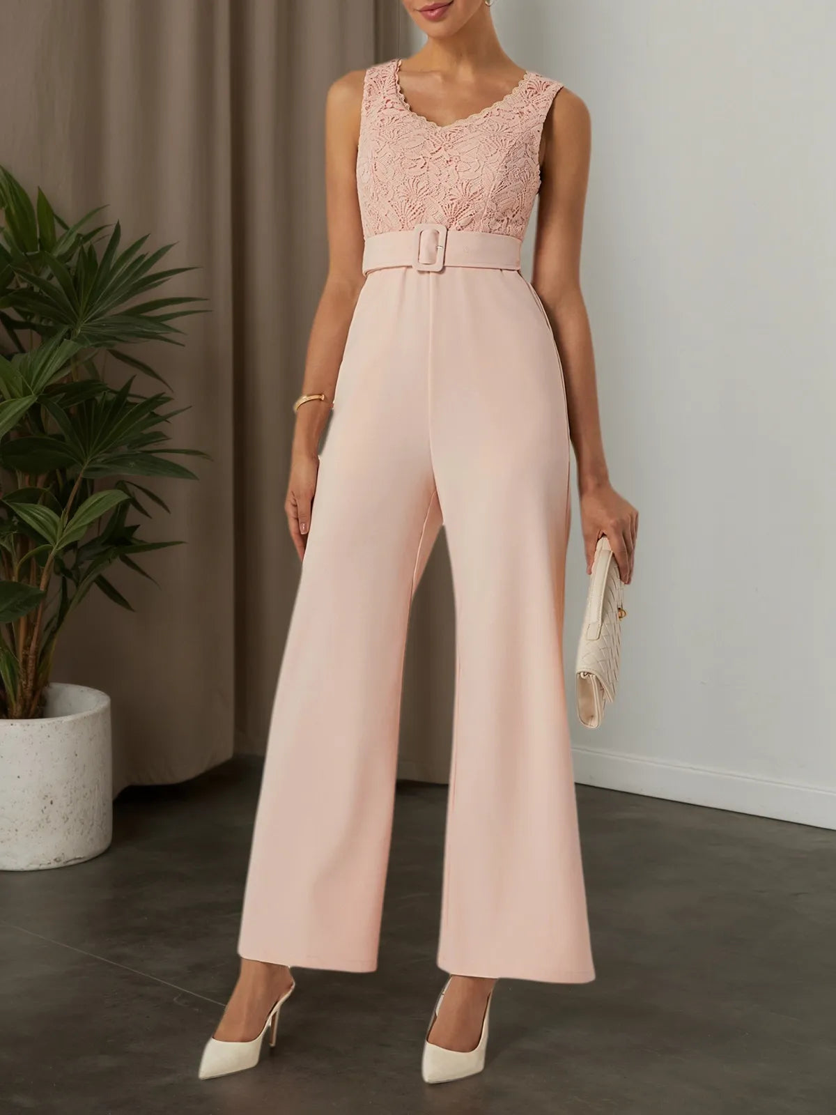 Women Pink Lace V-Neck Sleeveless Ankle Length Dressy Jumpsuit - FashionDia
