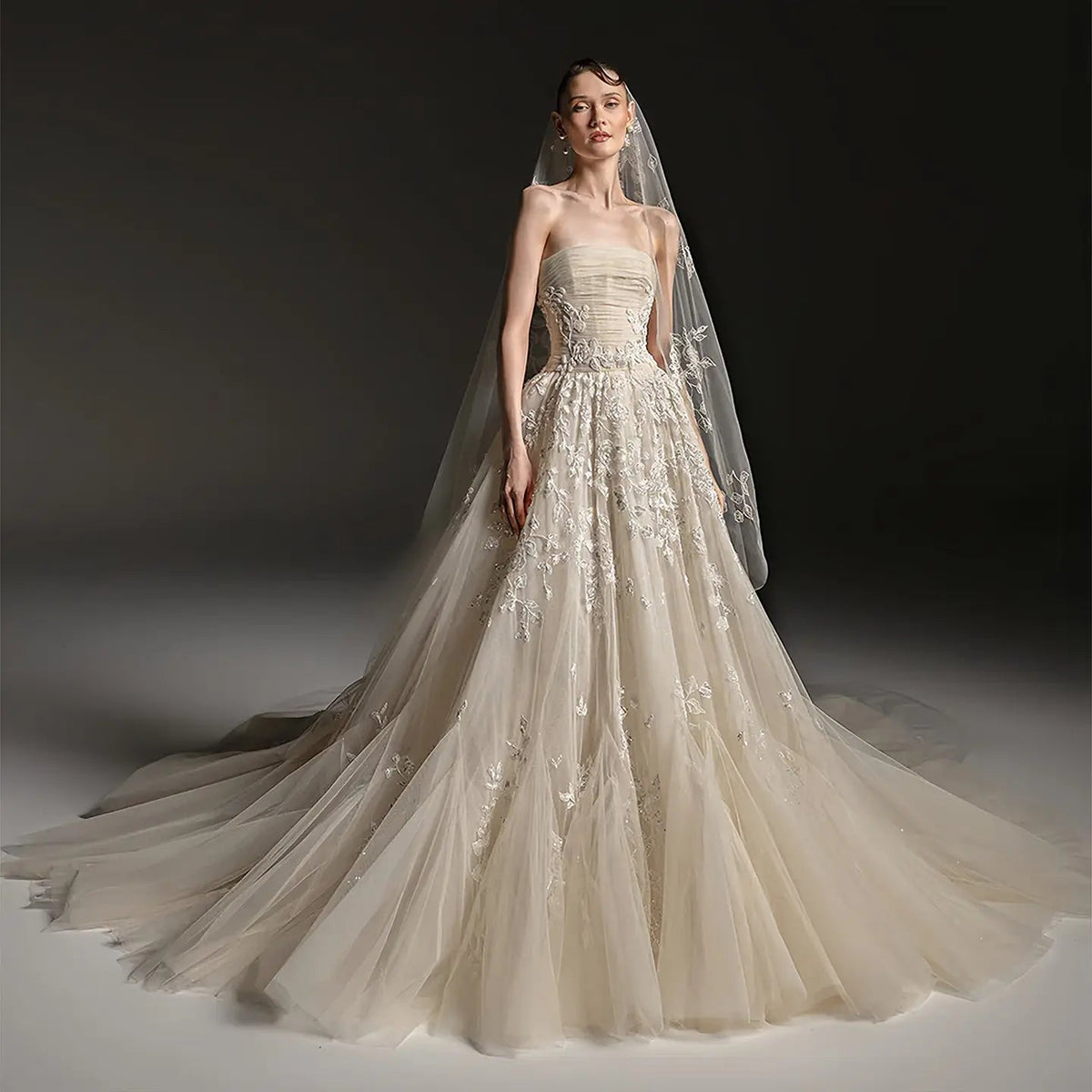 Romantic Champagne Strapless Floral Lace Tulle A-Line Wedding Dress with Veil ZP084