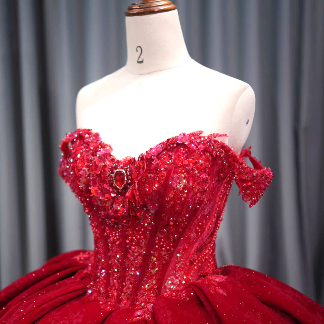 Gorgeous Ball Gown Off the Shoulder Red Quinceanera Dress with Appliques Beading - View 4 | FashionDia