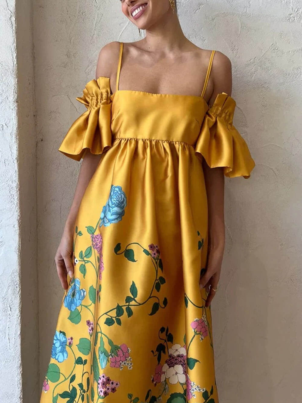 Marigold Printed Gathered Sleeve Pocketed A - Line Midi Dress