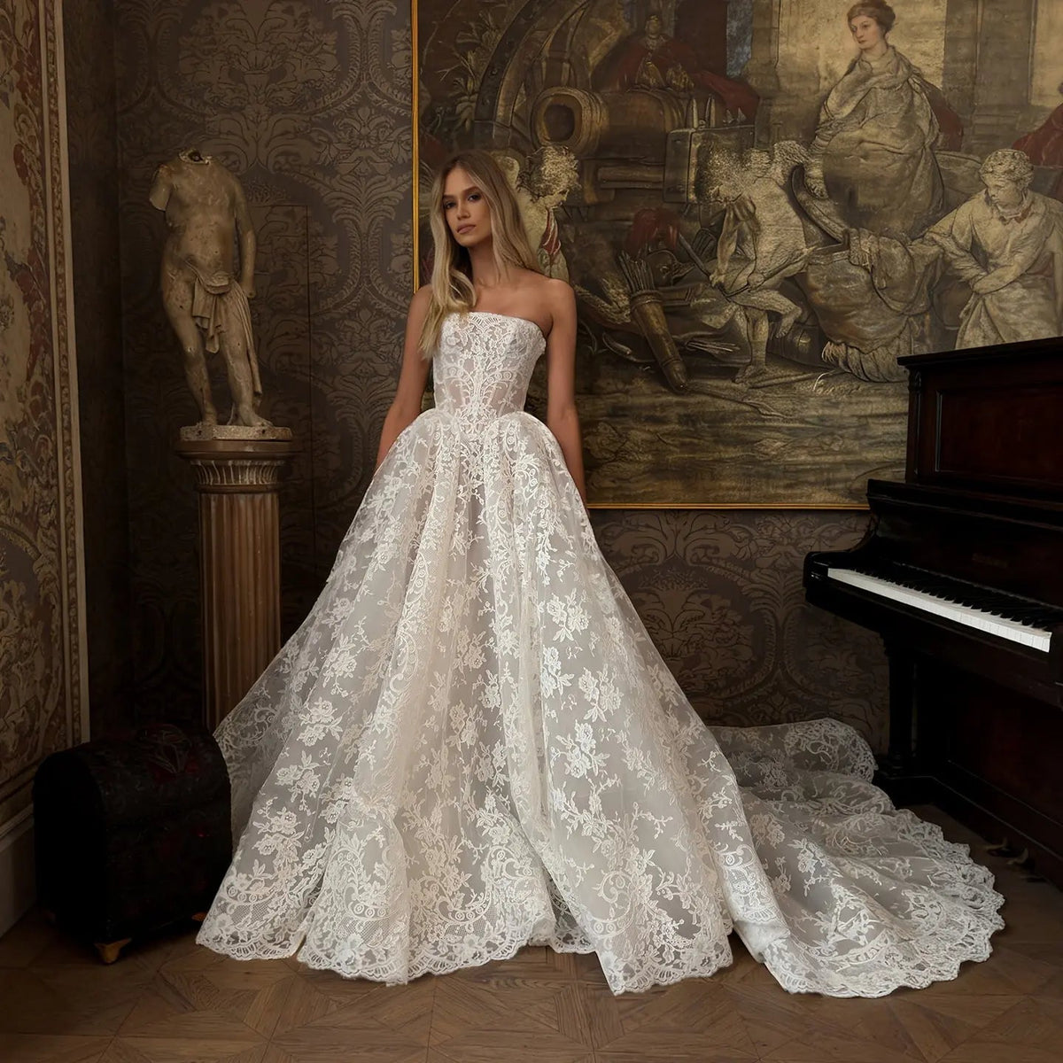 Glamorous White Strapless Floral Lace Wedding Dress with Veil ZP095