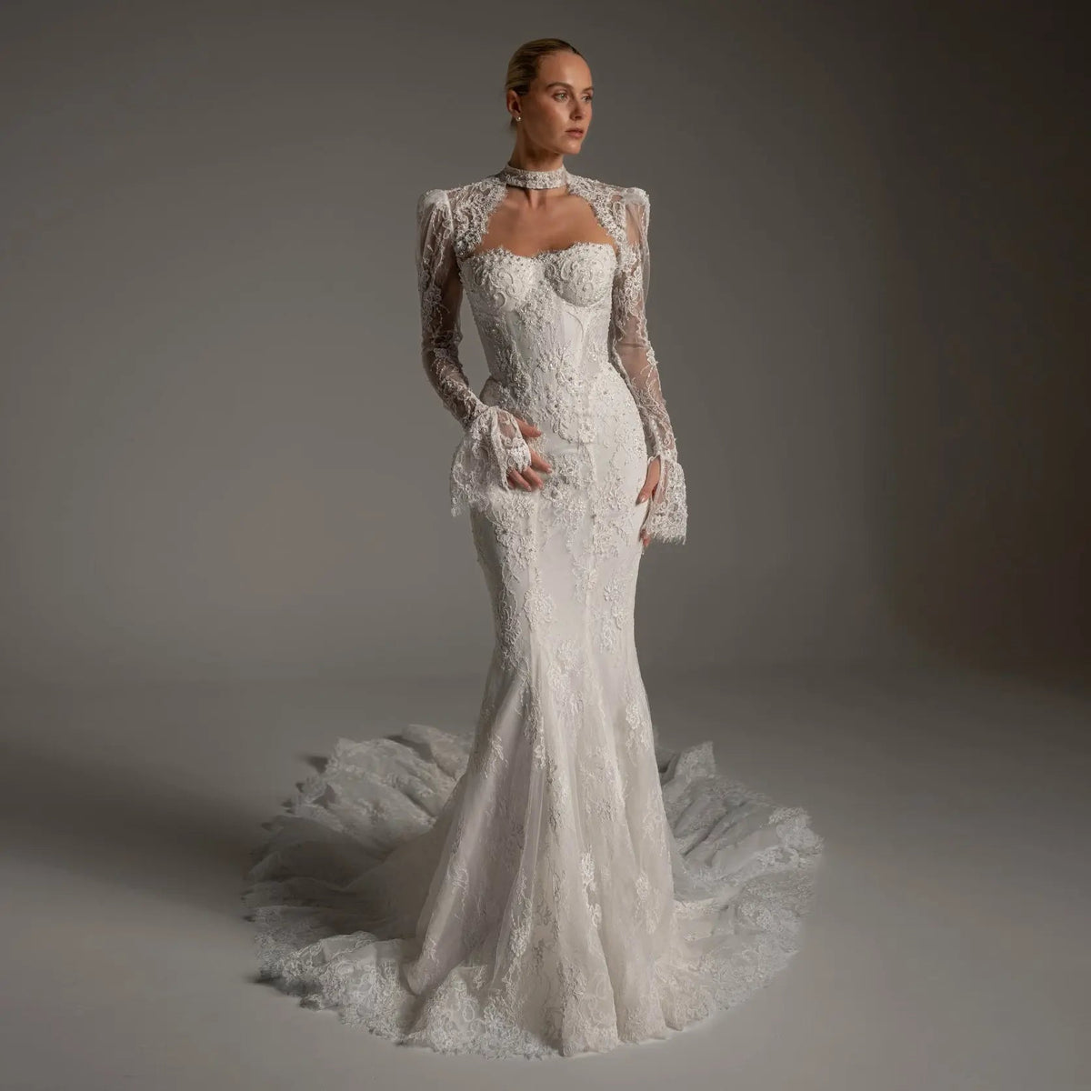 Luxury Ivory Lace Long Sleeve Mermaid Train Wedding Dress ZP142 - VelvetHem