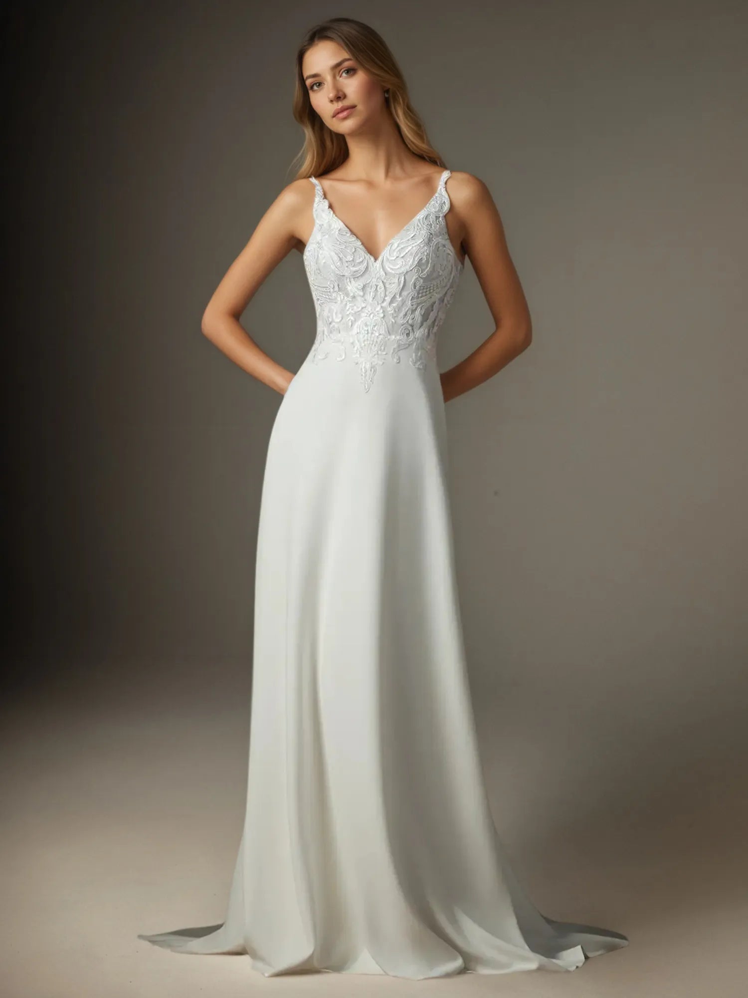White A-Line V-Neck Sequins Stretch Crepe Stretch crepe Lace Wedding Dress