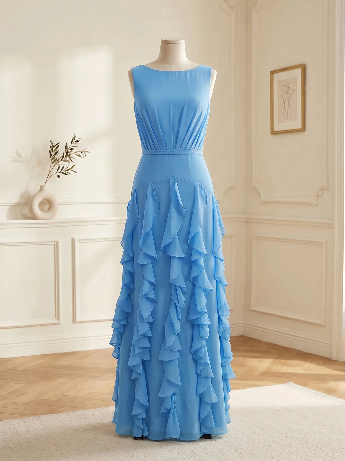 Sleeveless Tiered Chiffon Maxi Evening Gown with Ruched Bodice