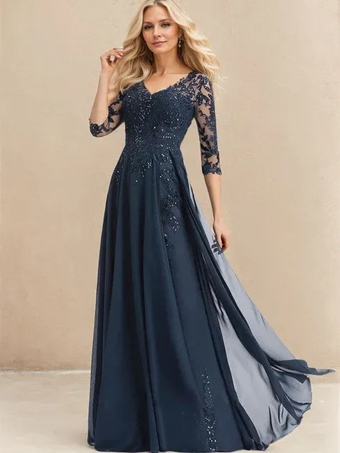 A-line V-Neck Floor-Length Lace Chiffon Mother of the Bride Dress With Sequins - FashionDia