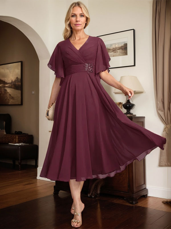 A-line V-Neck Tea-Length Chiffon Mother of the Bride Dress With Pleated Beading - View 2 | FashionDia