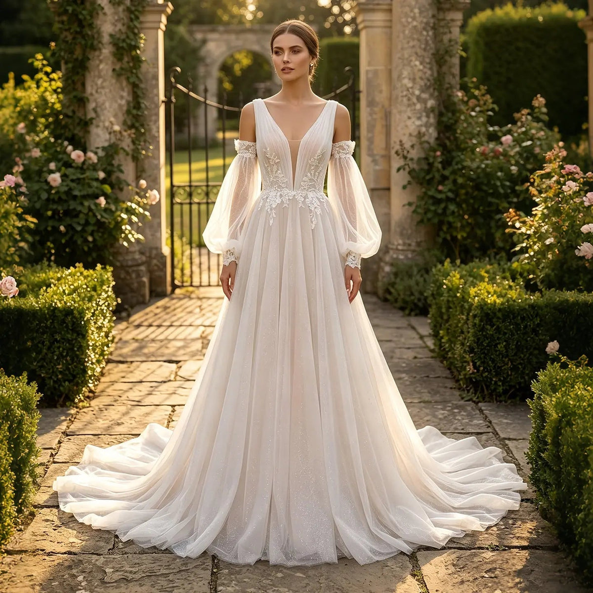 Elegant Ivory V-Neck Detachable Puff Sleeve Lace Tulle Wedding Dress with Train ZP062