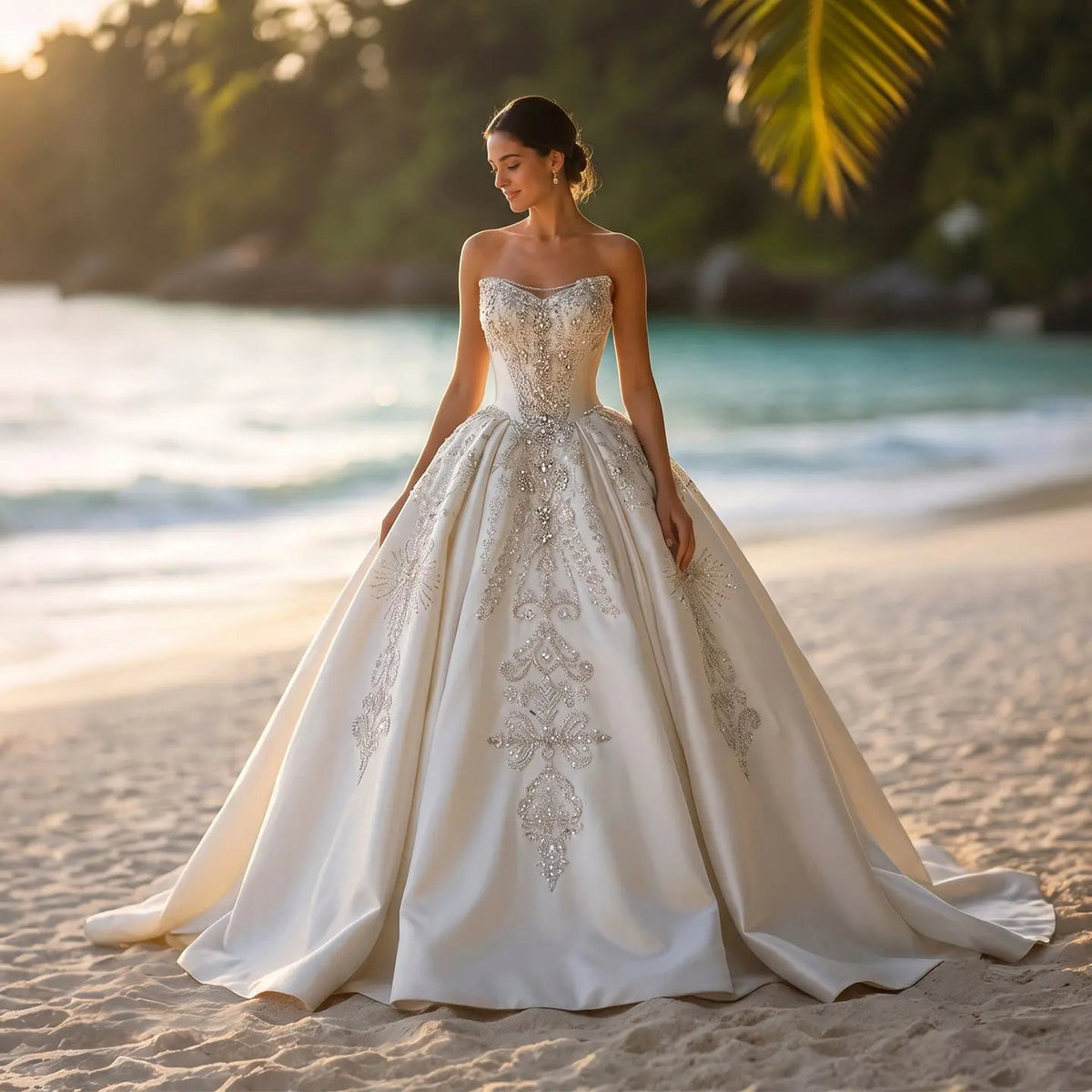 White Satin Strapless Ball Gown Wedding Dress with Luxurious Beaded Lace and Cathedral Train ZP016 - VelvetHem