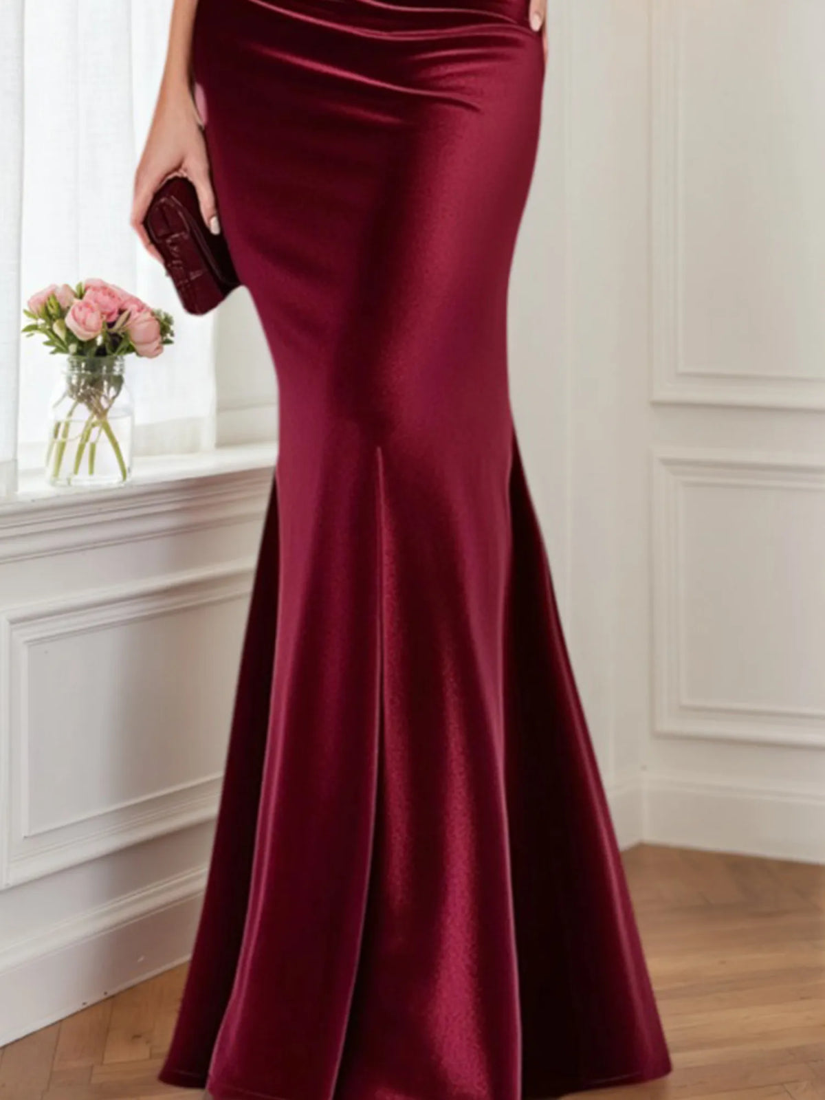 Formal Velvet Dress Burgundy V-Neck Maxi Mother of the Bride Dress - View 3 | FashionDia