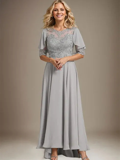 A-line Scoop Illusion Asymmetrical Chiffon Lace Mother of the Bride Dress With Beading - FashionDia
