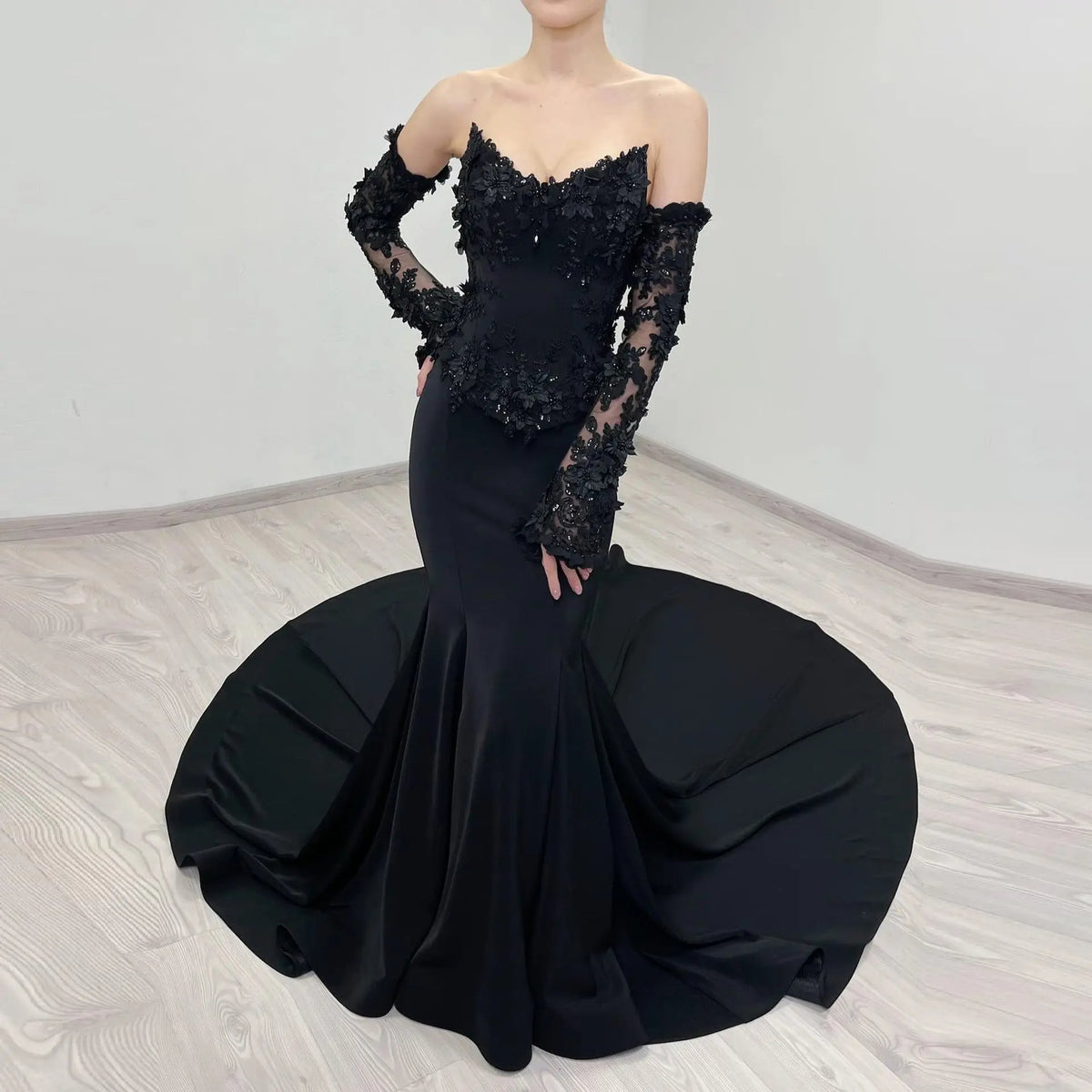 Black Luxury Gothic Wedding Dress Mermaid 3D Floral Lace ZP195