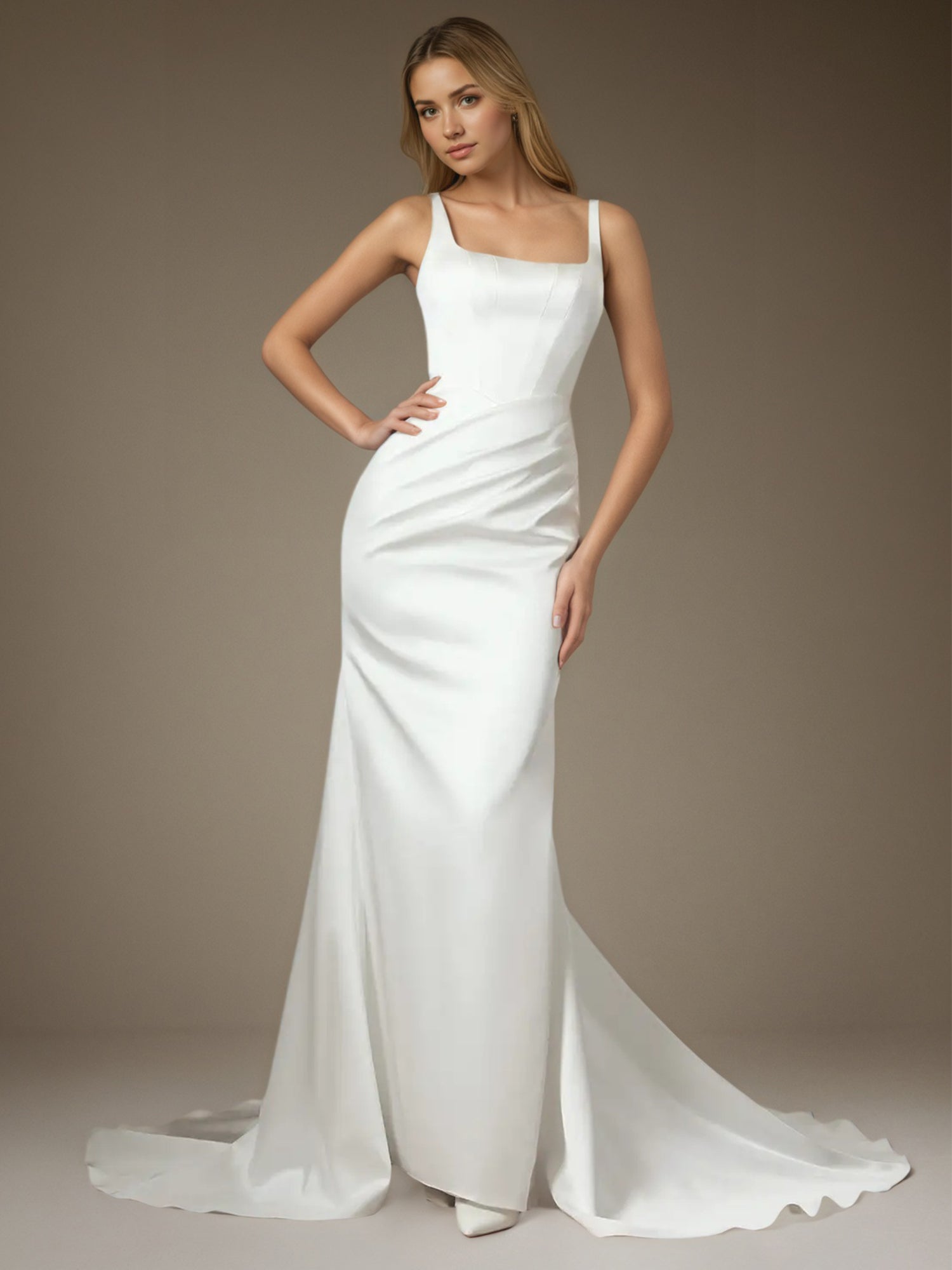 White Mermaid Square Neckline Double Faced Satin Wedding Dress