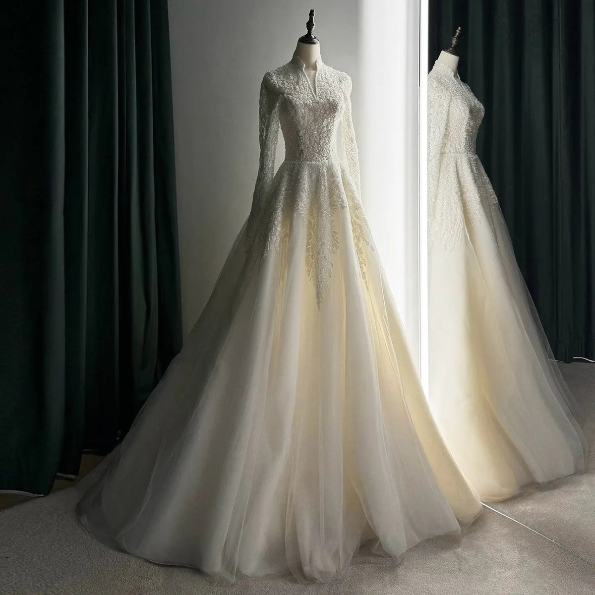 Luxury Sequin Pearl Long Sleeve Ball Gown Wedding Dress ZP186 - VelvetHem