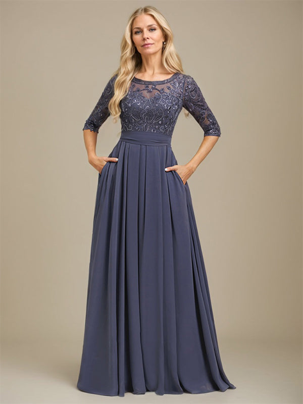 A-Line Scoop Floor-Length Lace Chiffon Mother Of the Bride Dress With Sequins Applique - FashionDia