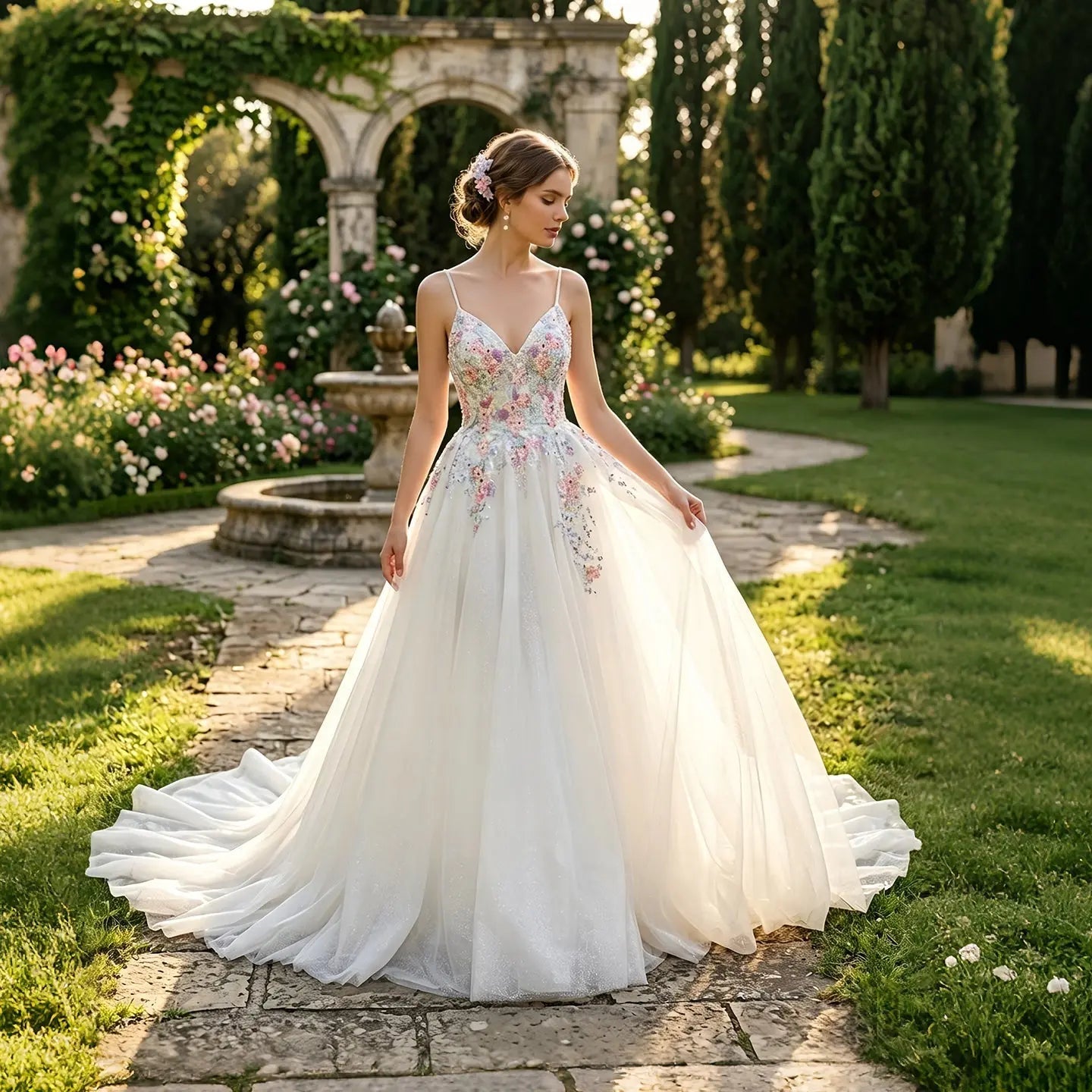 Glamorous White Floral Applique A-Line Tulle Wedding Dress with Train ZP066