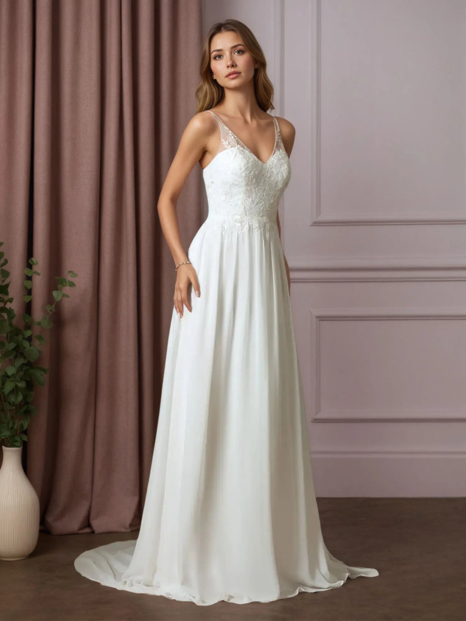 White A-Line Sequins Chiffon Wedding Dress - FashionDia