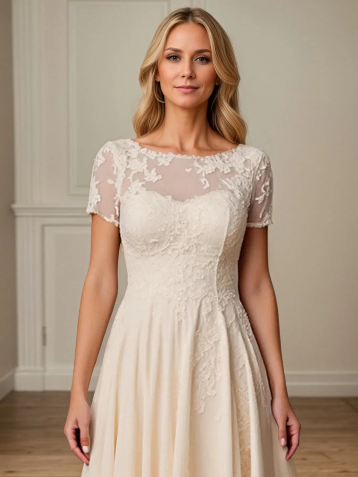 A-Line Scoop Neck Short Sleeve Chiffon Mother of the Bride Dress - View 2 | FashionDia