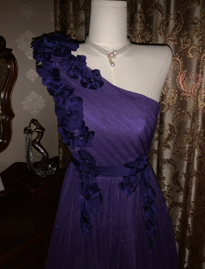 Elegant Purple One-Shoulder Tulle Appliques A-Line Wedding Guest Dress Long Party Dress - View 4 | FashionDia