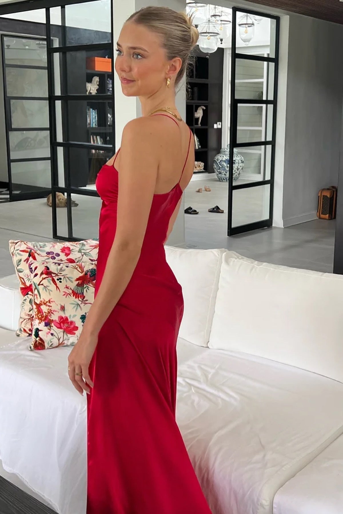 Simple Sheath Spaghetti Straps Pink Long Party Dress with Split Front - View 5 | FashionDia