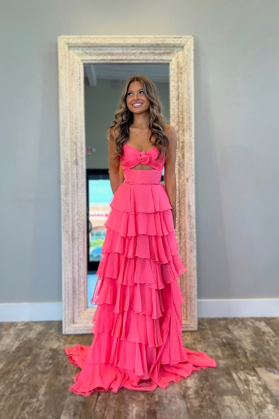Sweety A-Line Sweetheart Pink Printed Long Tiered Prom Dress with Slit