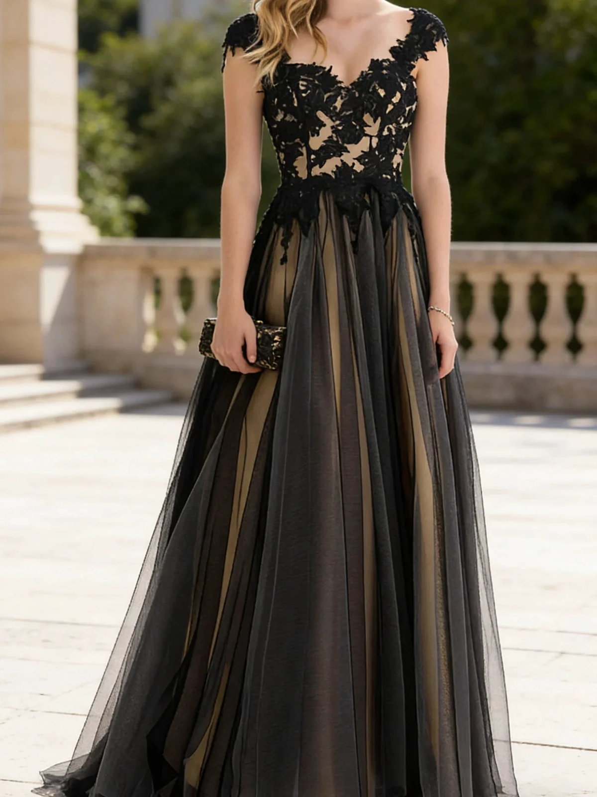 Enchanting Black Lace and Tulle Formal Evening Gown (ZD16776)