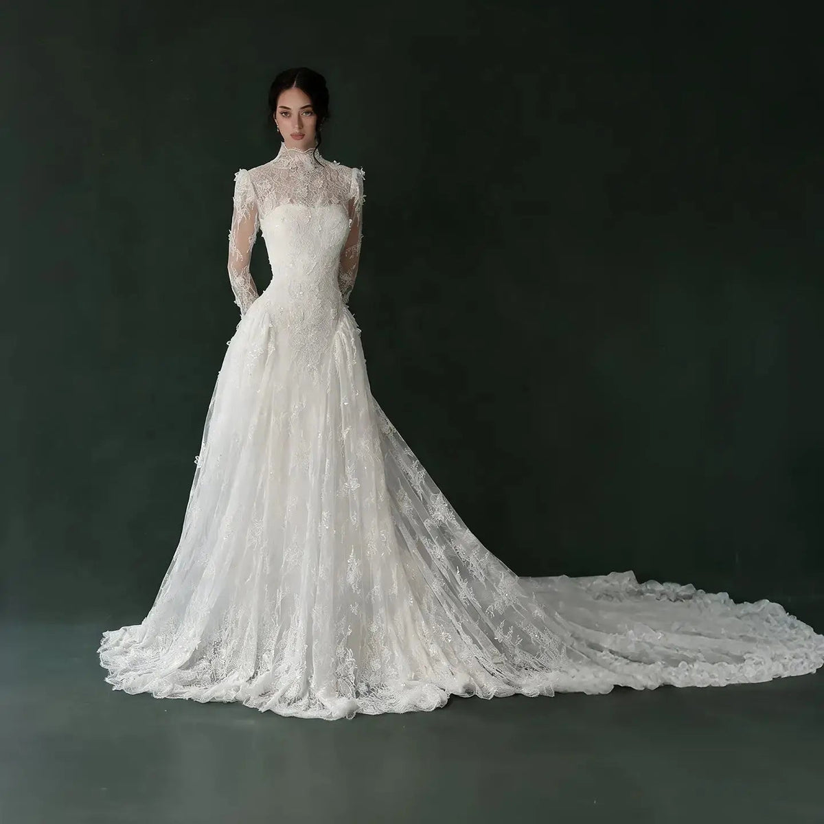 Classic Ivory Lace High Neck Long Sleeve A-Line Wedding Dress with Veil ZP107