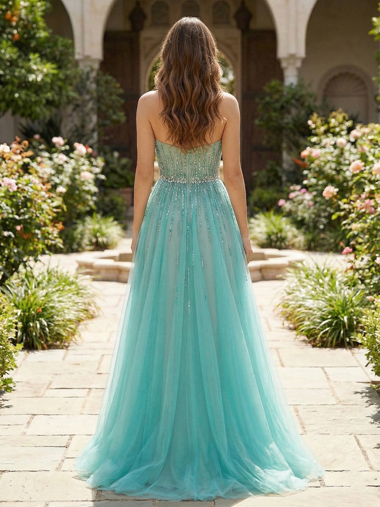 Strapless Beaded Tulle A-Line Long Prom Dress