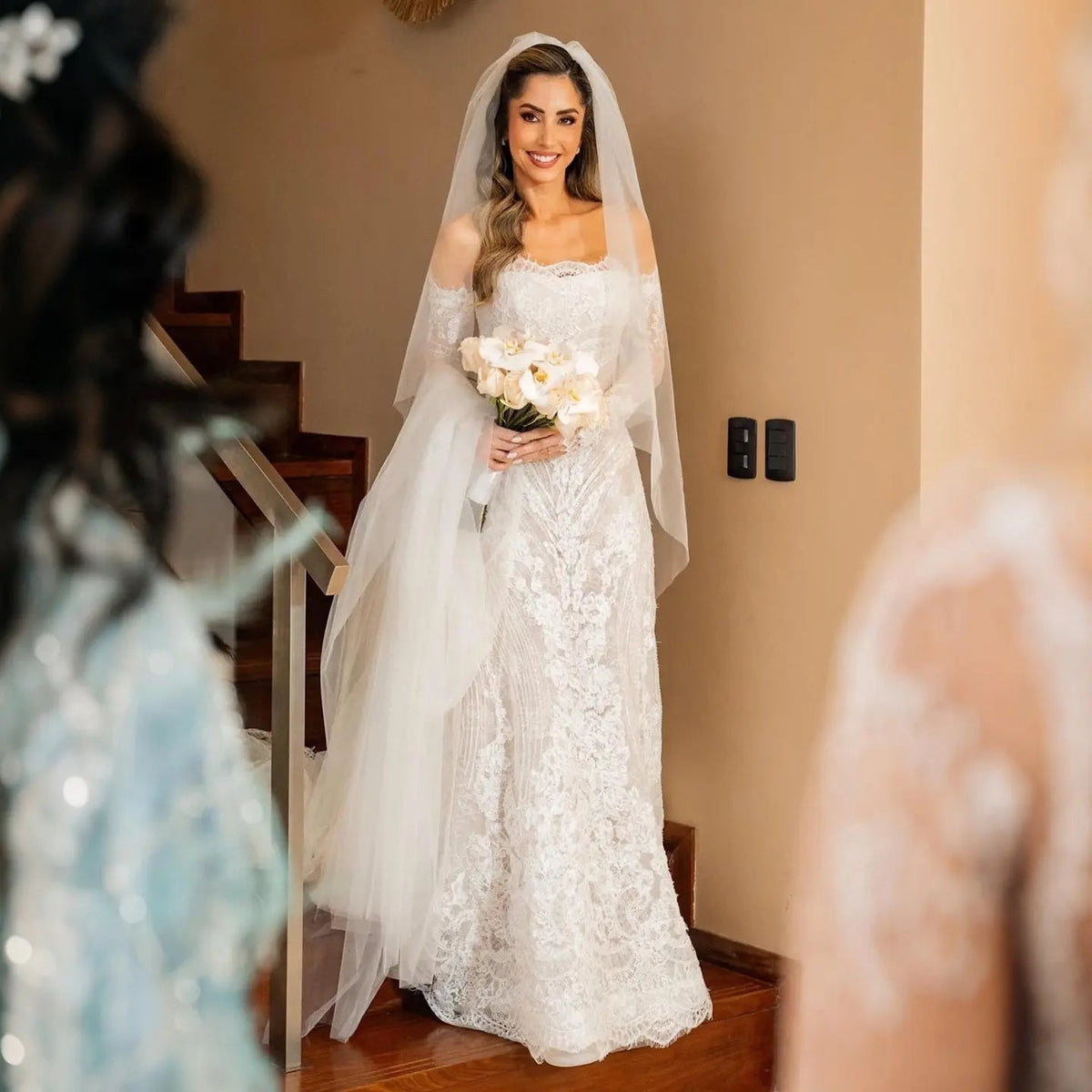 White Beaded Lace Bridal Gown with Off Shoulder Long Sleeves ZP203