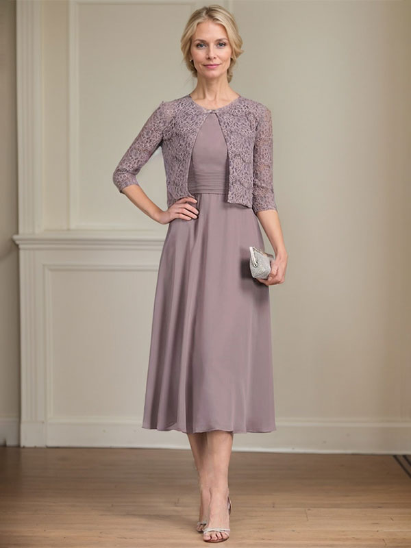 A-line Scoop Tea-Length Chiffon Mother of the Bride Dress With Pleated - FashionDia