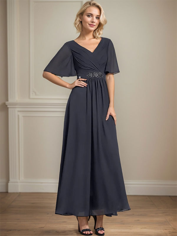 A-line V-Neck Ankle-Length Chiffon Mother of the Bride Dress With Pleated Beading Sequins - FashionDia