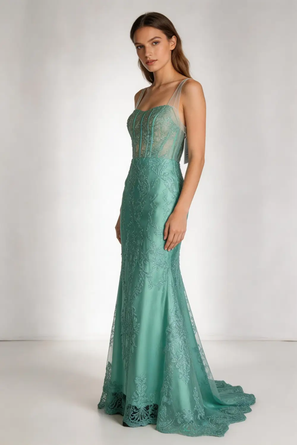 Mint Green Sheer Corset Mermaid Evening Gown, Lace Applique Formal Prom Dress by tangjianjun