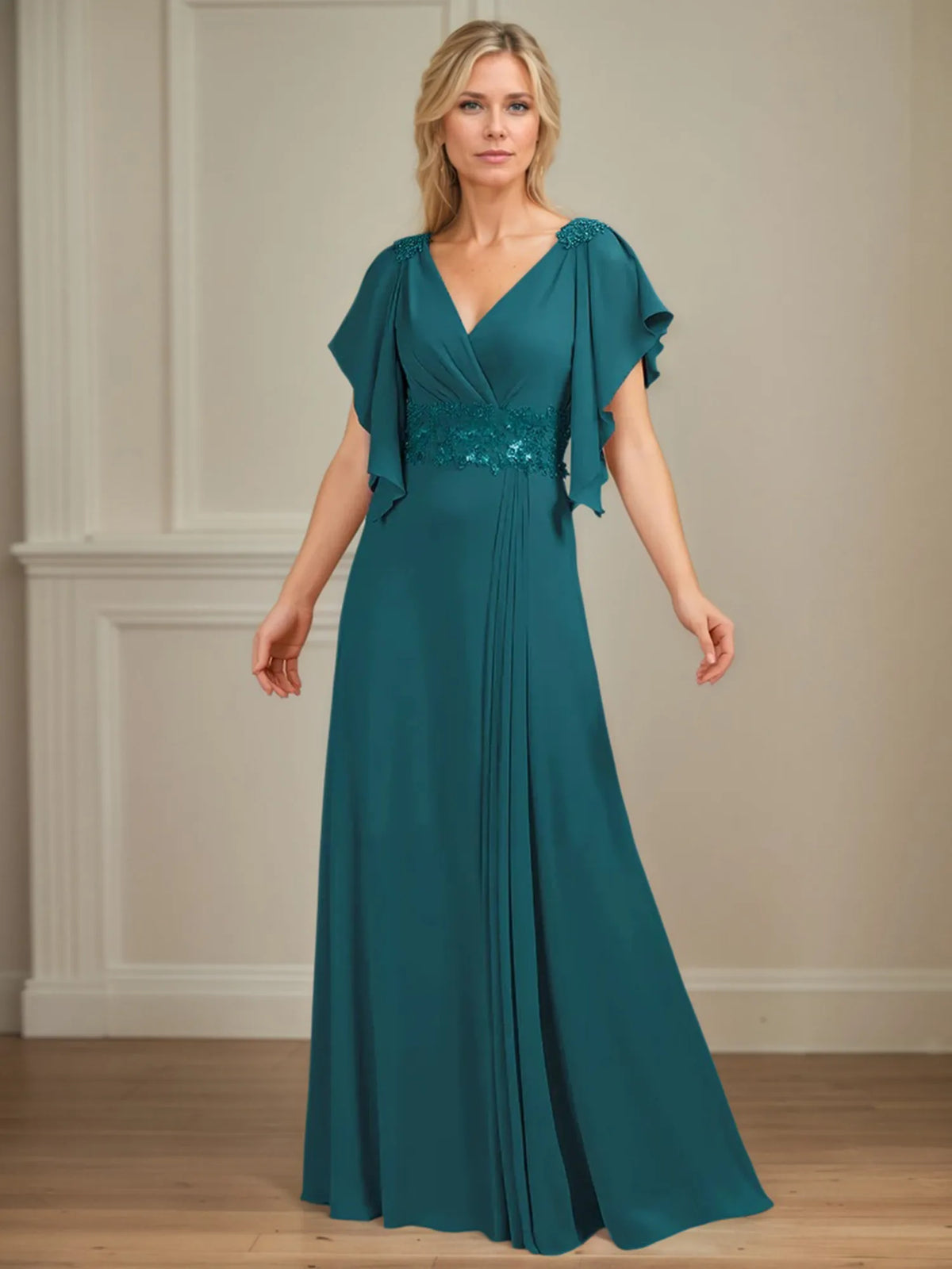 A-Line V-Neck Appliqued Floor-Length Mother of the Bride Dress with Ruffles - FashionDia