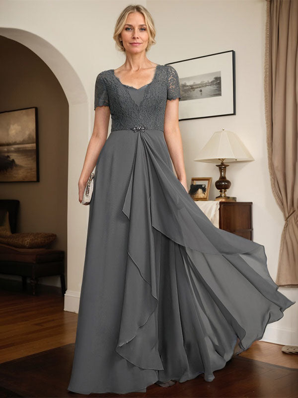 A-line Sweetheart Floor-Length Chiffon Lace Mother of the Bride Dress With Beading Cascading Ruffles - FashionDia