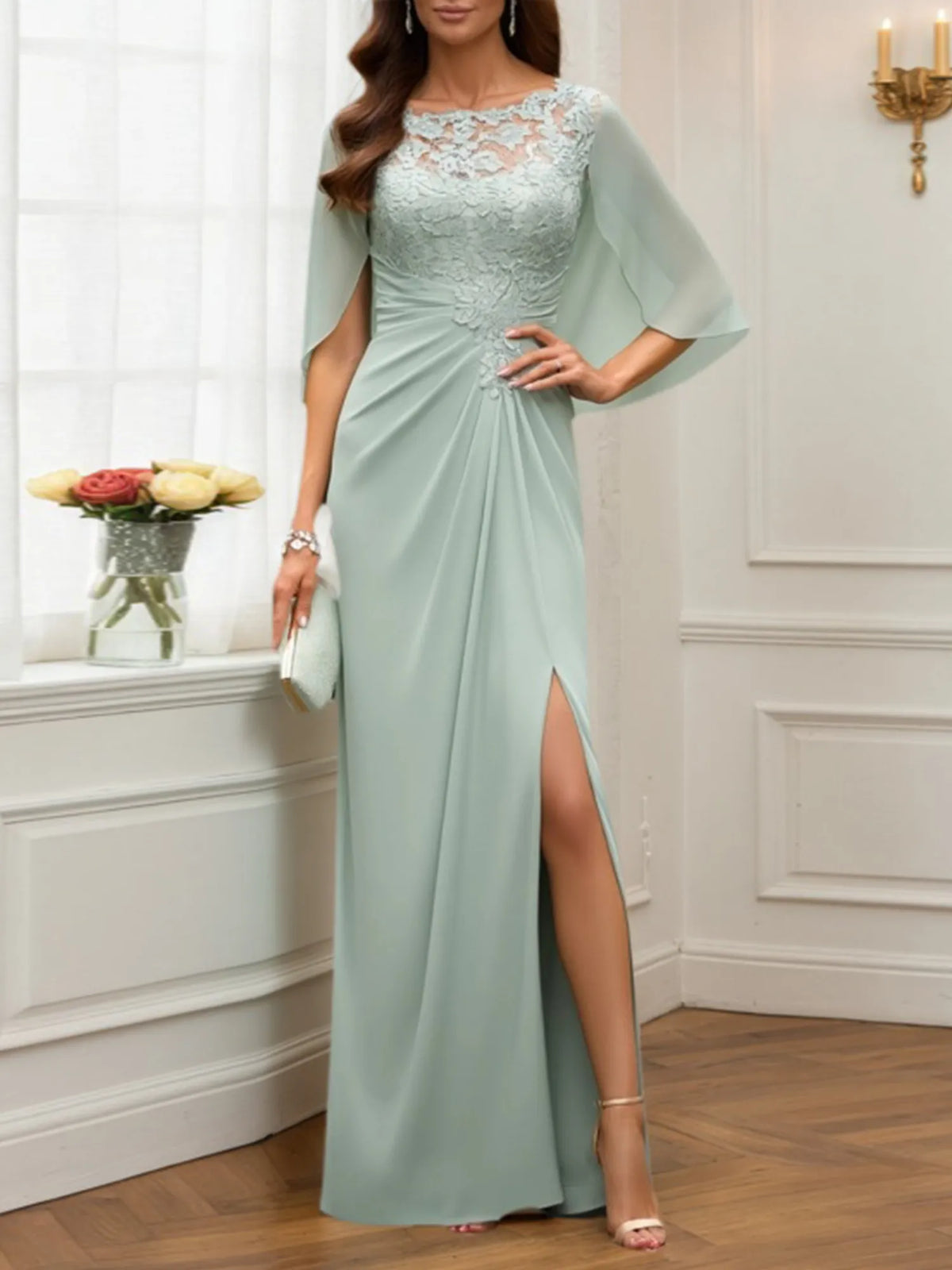 Mother of the Bride Dress Green Lace Crew Neck Cape Maxi Dress - FashionDia