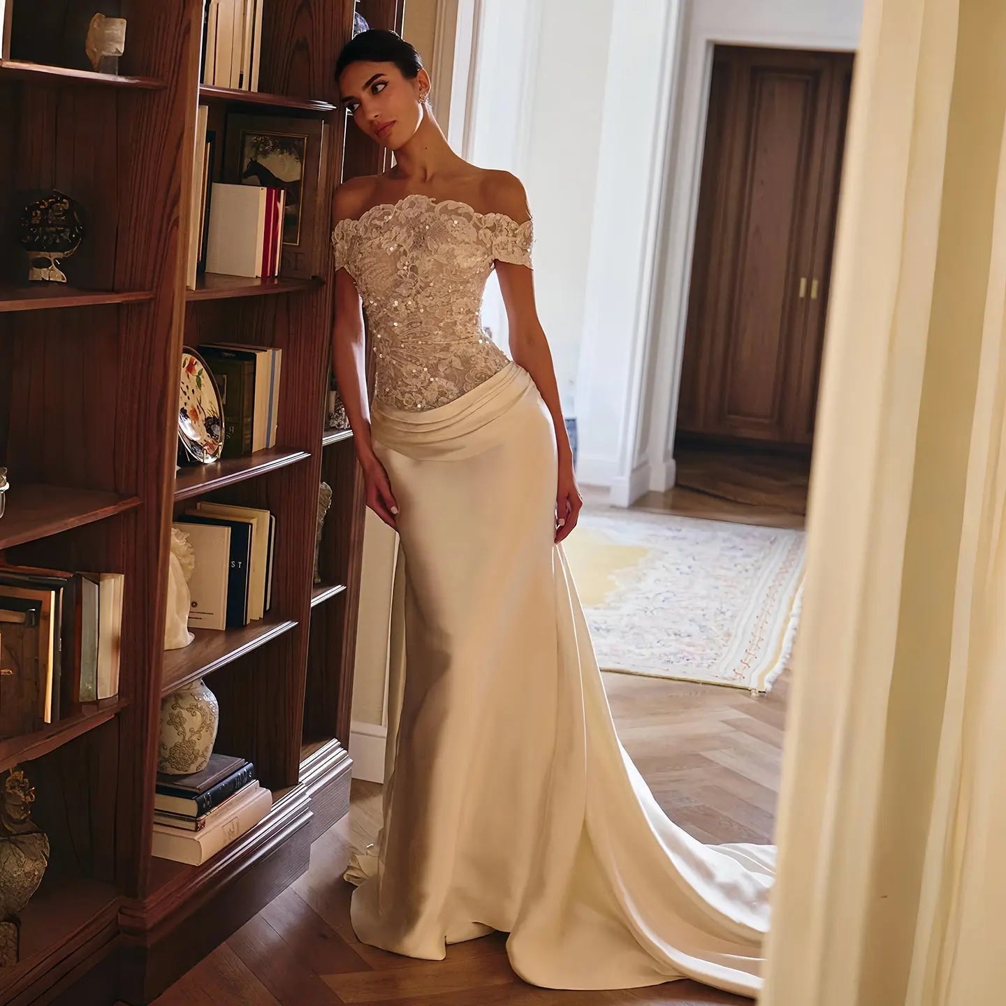 Luxury Ivory Off-the-Shoulder Lace and Satin Mermaid Wedding Dress with Veil ZP073