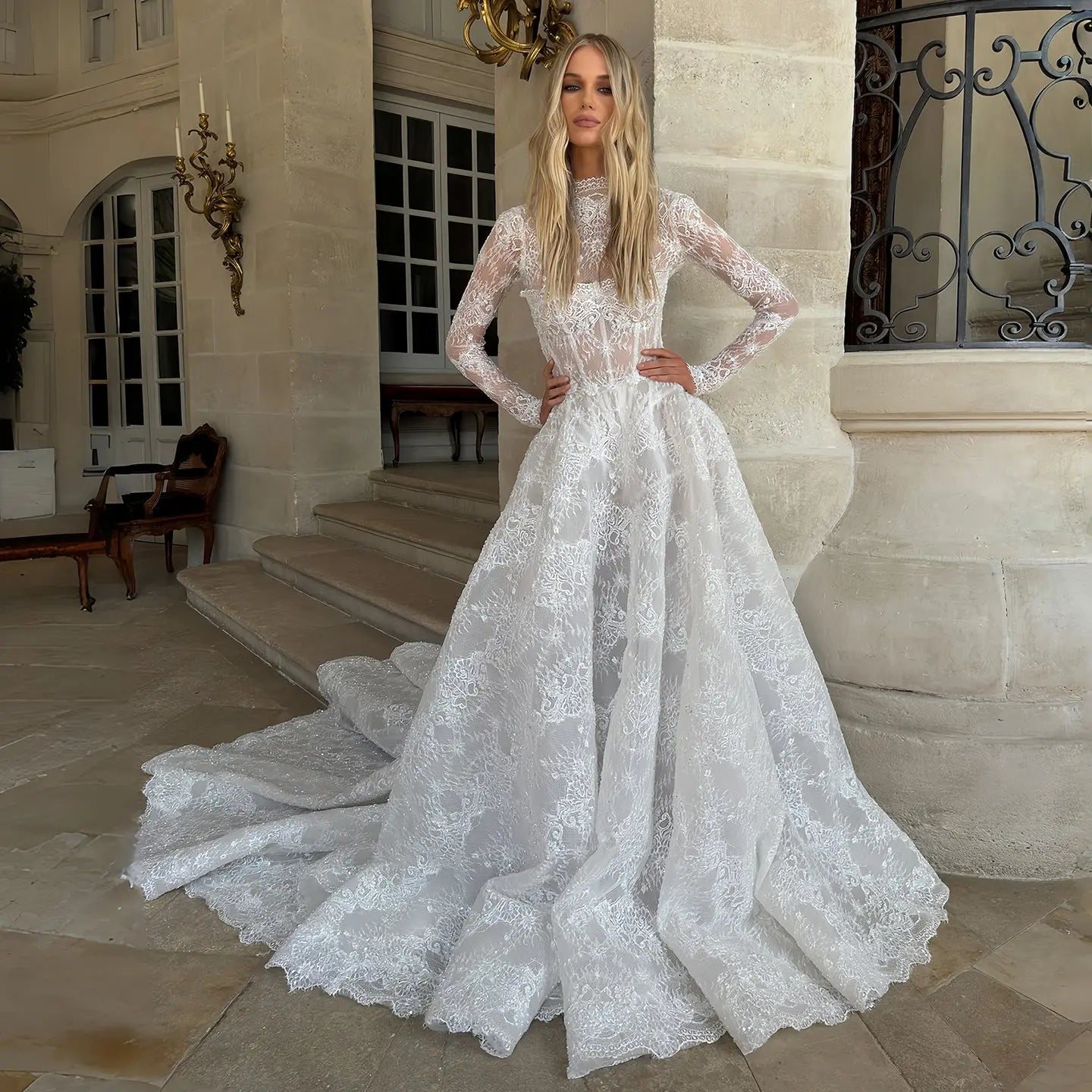 Elegant White High Neck Long Sleeve Lace A-Line Wedding Dress ZP077