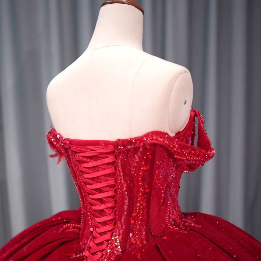 Gorgeous Ball Gown Off the Shoulder Red Quinceanera Dress with Appliques Beading - View 5 | FashionDia