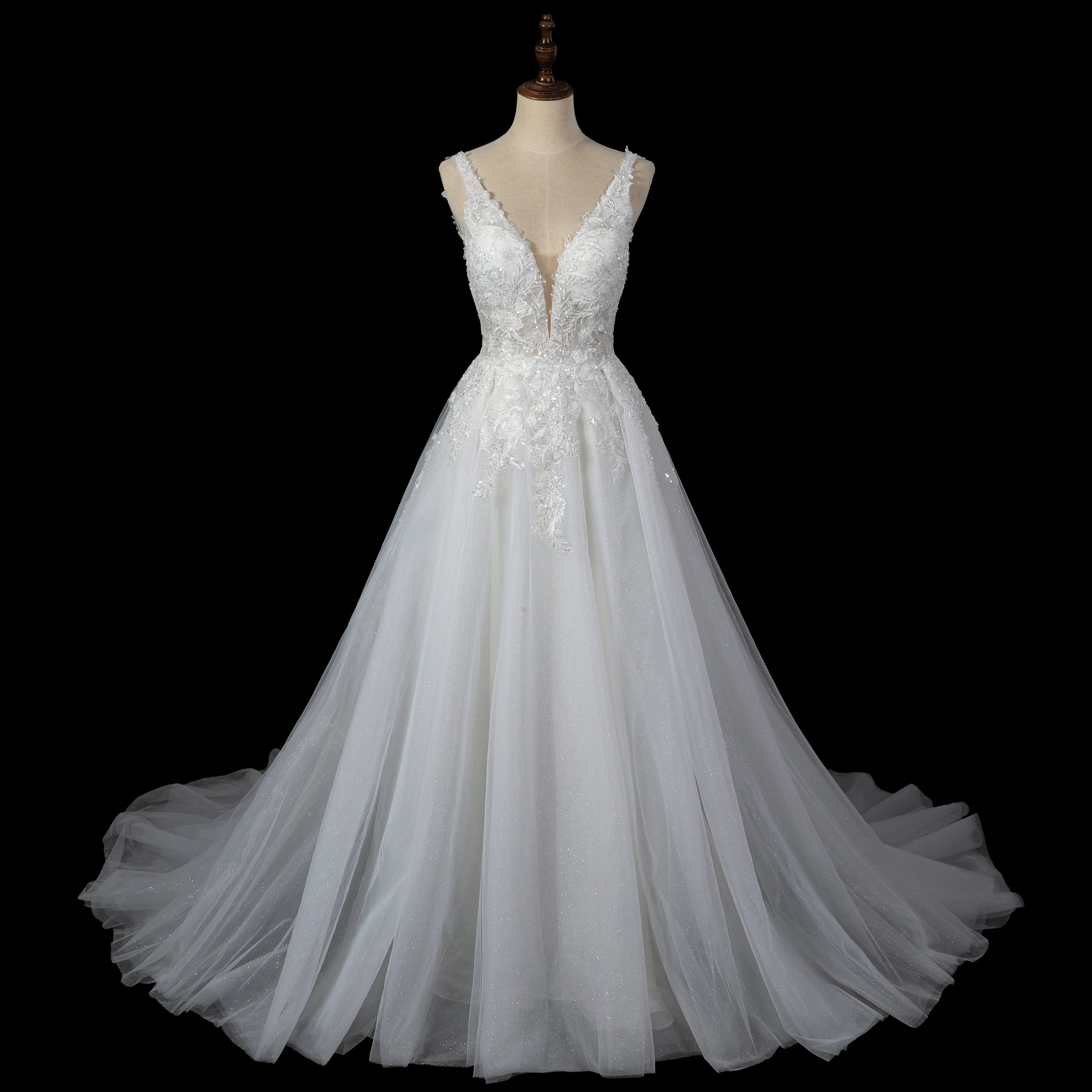 Dreamy White Glitter Tulle Wedding Dress with Lace Bodice and Corset Back ZP054