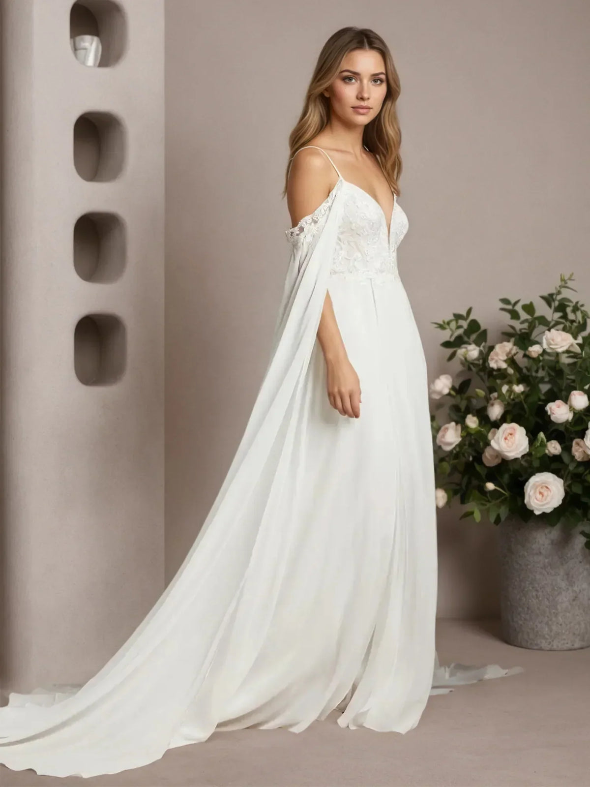 White A-Line Off-the-Shoulder Sleeveless Sequins Chiffon Wedding Dress - View 2 | FashionDia