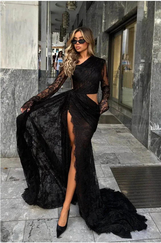 Fashion Prom Dress Mermaid Long Lace Sleeves High Slit Floor Length Evening Dress vestidos para eventos especiales