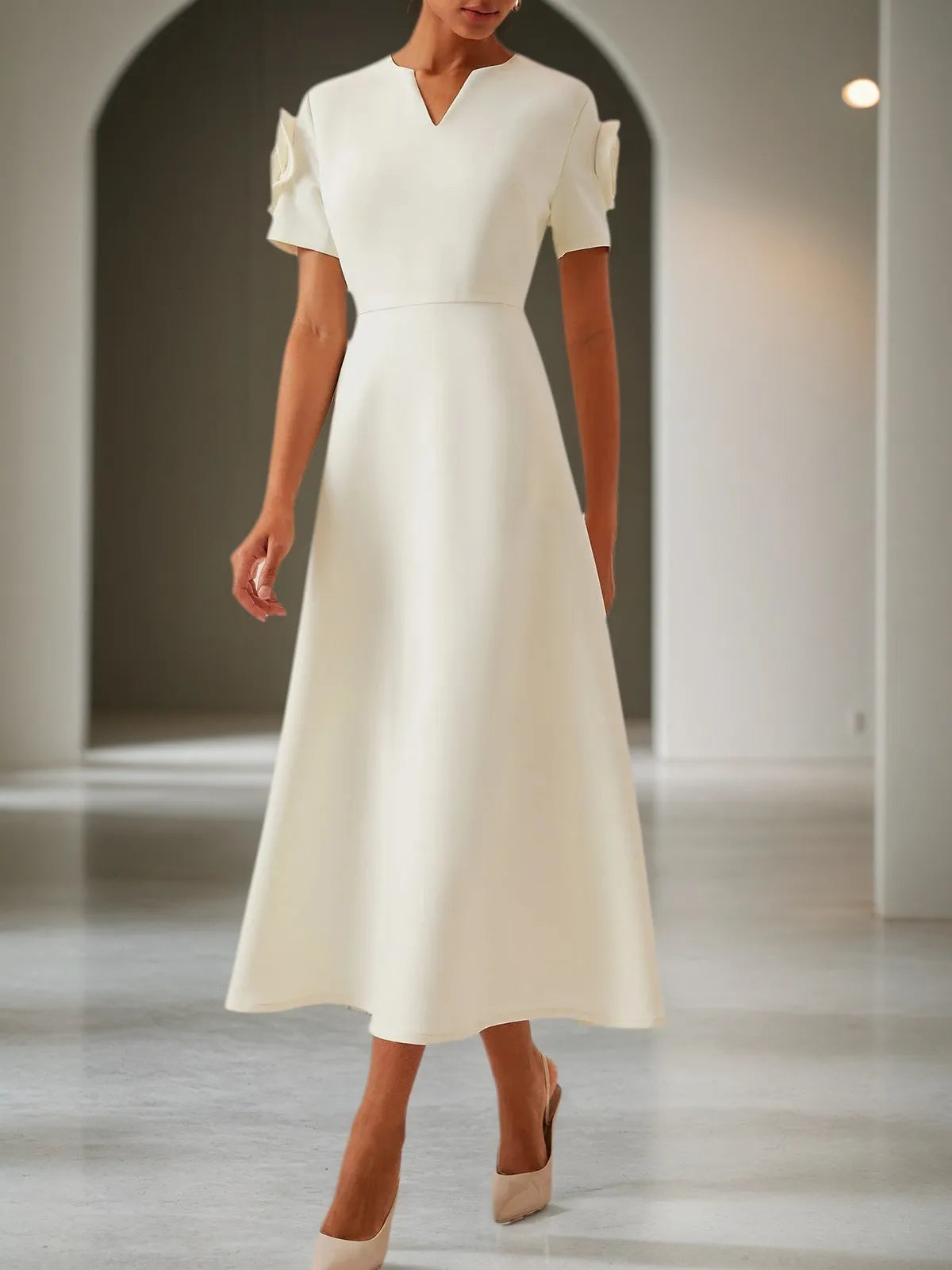Off-White 3D Floral Short Sleeve V-Neck A-Line Maxi Dress - FashionDia