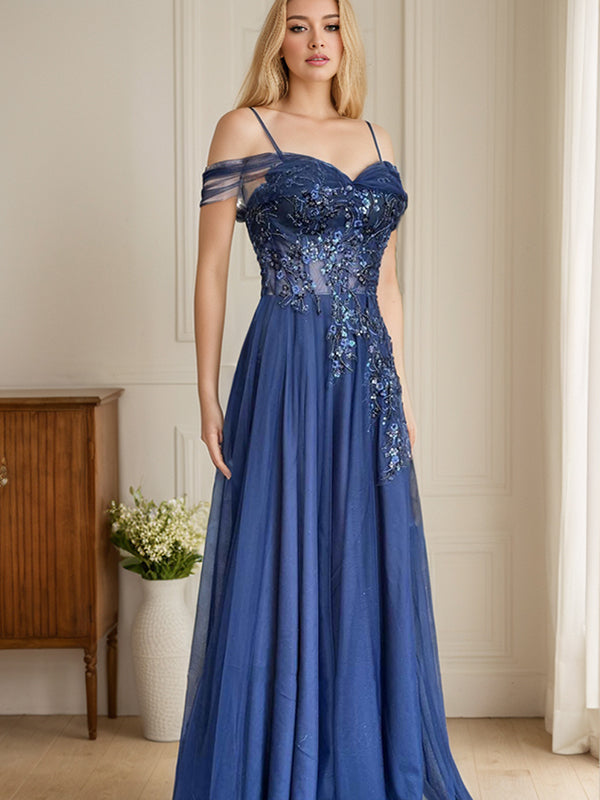 Dark Blue A-Line Spaghetti Straps Long Prom Dress With Appliques - FashionDia