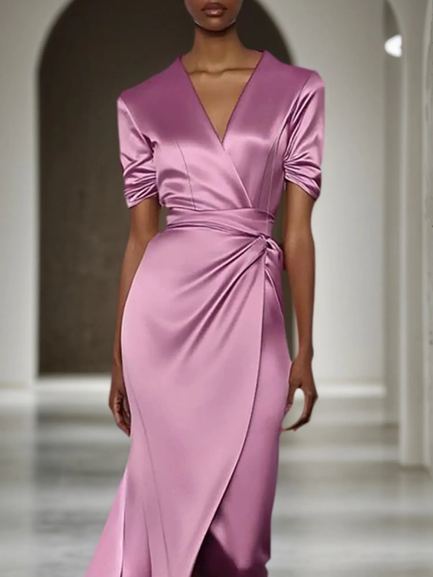 Fall Wedding Guest Dress Satin Green V-Neck Maxi Dress