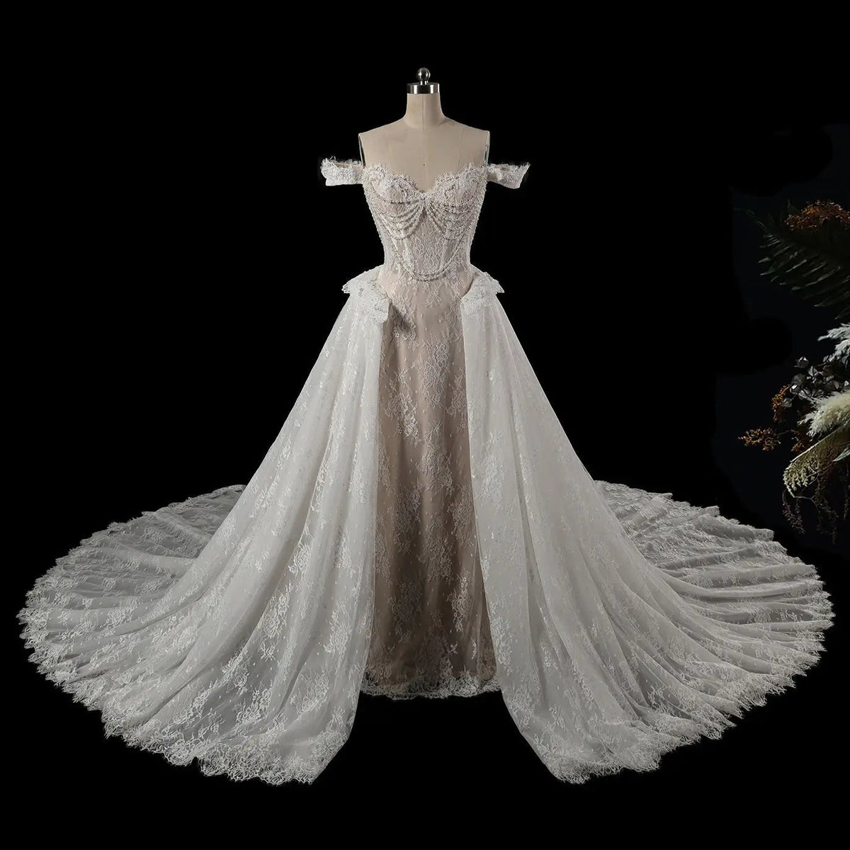 Opulent Ivory Off-the-Shoulder Beaded Lace Tulle Ball Gown Wedding Dress ZP127 - View 6 | VelvetHem