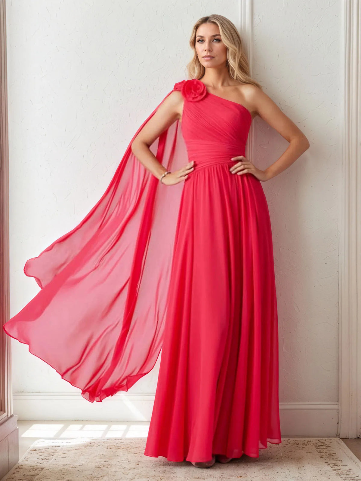 Chiffon One-Shoulder 3D Floral Floor-Length Evening Dress - FashionDia