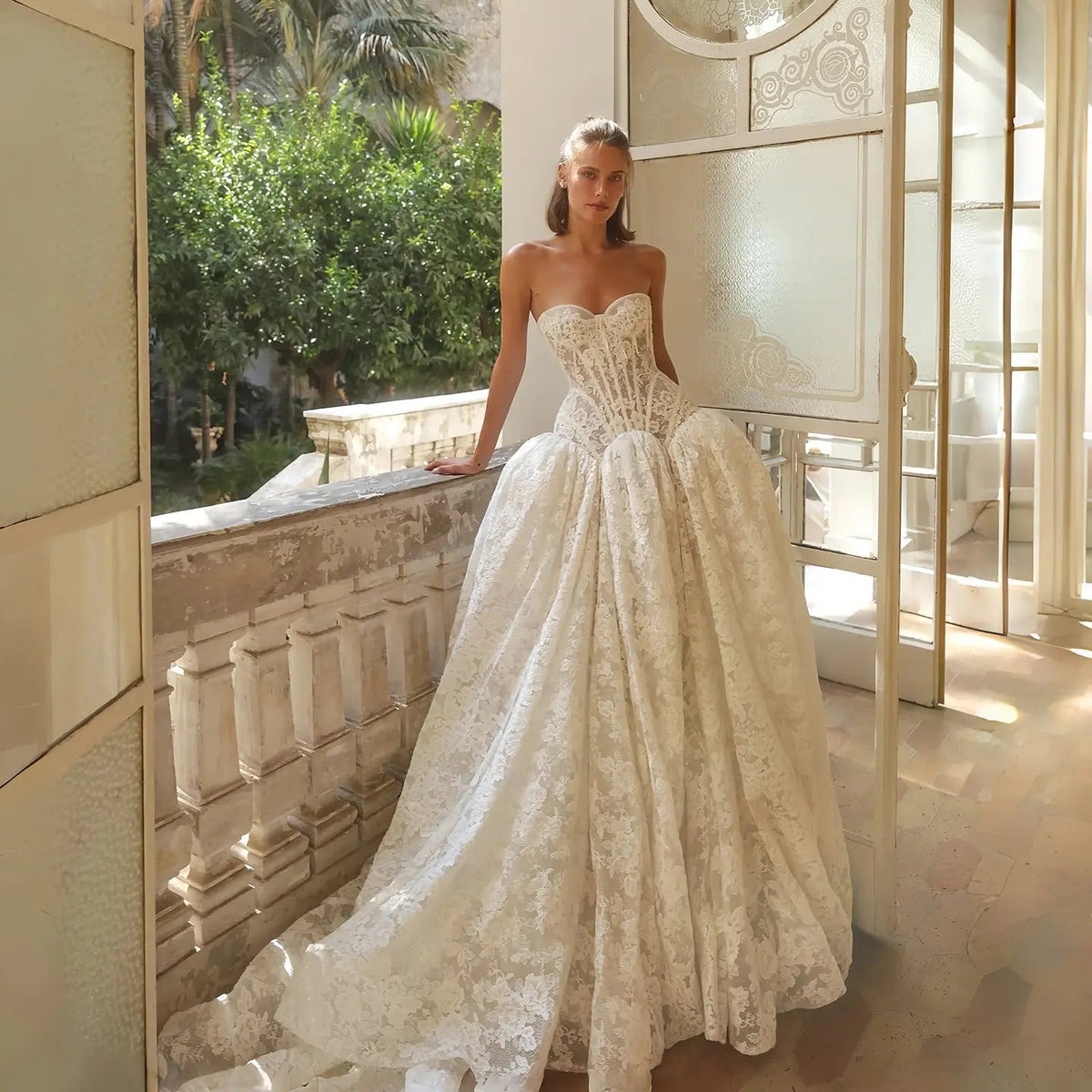 Bohemian Ivory Lace Strapless Ball Gown Wedding Dress ZP112 - VelvetHem
