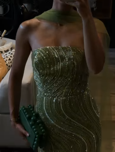 Gorgeous Strapless Apple Green Sequin Long Prom Dress Party Gown With Ribbon - View 3 | FashionDia
